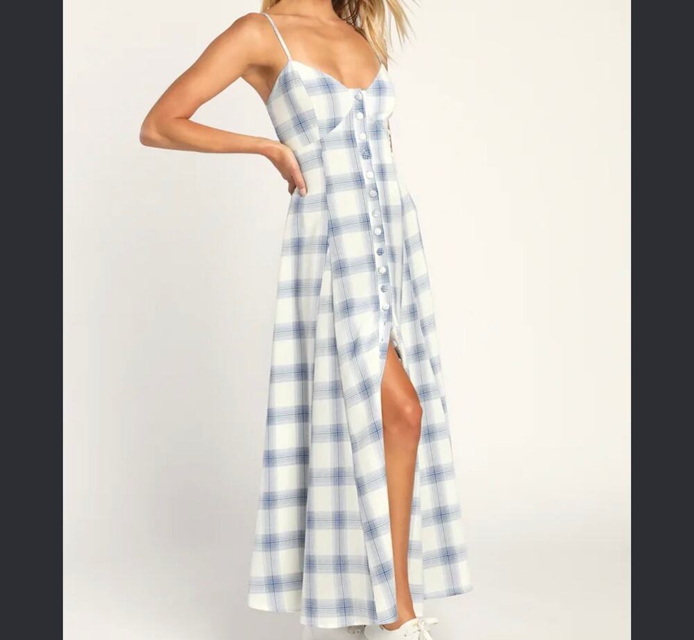 Lulus Keep on Charming Button Front Plaid Midi Dress XL Blue White
